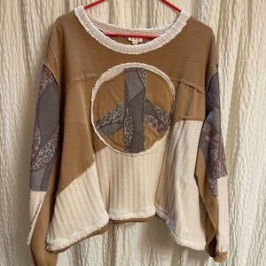 POL Patchwork Peace Sign Sweatshirt in Brown & Cream